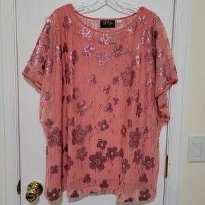 Bob Mackie Wearable Art Coral Pink Sequin Floral Mesh Overlay & Tank Set XL NEW